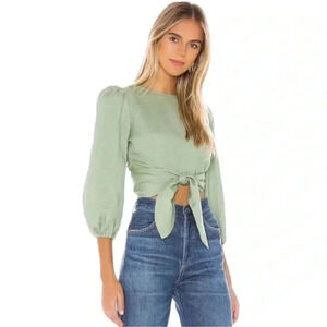 CAPULET | Anais Wrap Linen Blend Crop Top | Sage Green 3/4 Sleeve | Revolve | S
